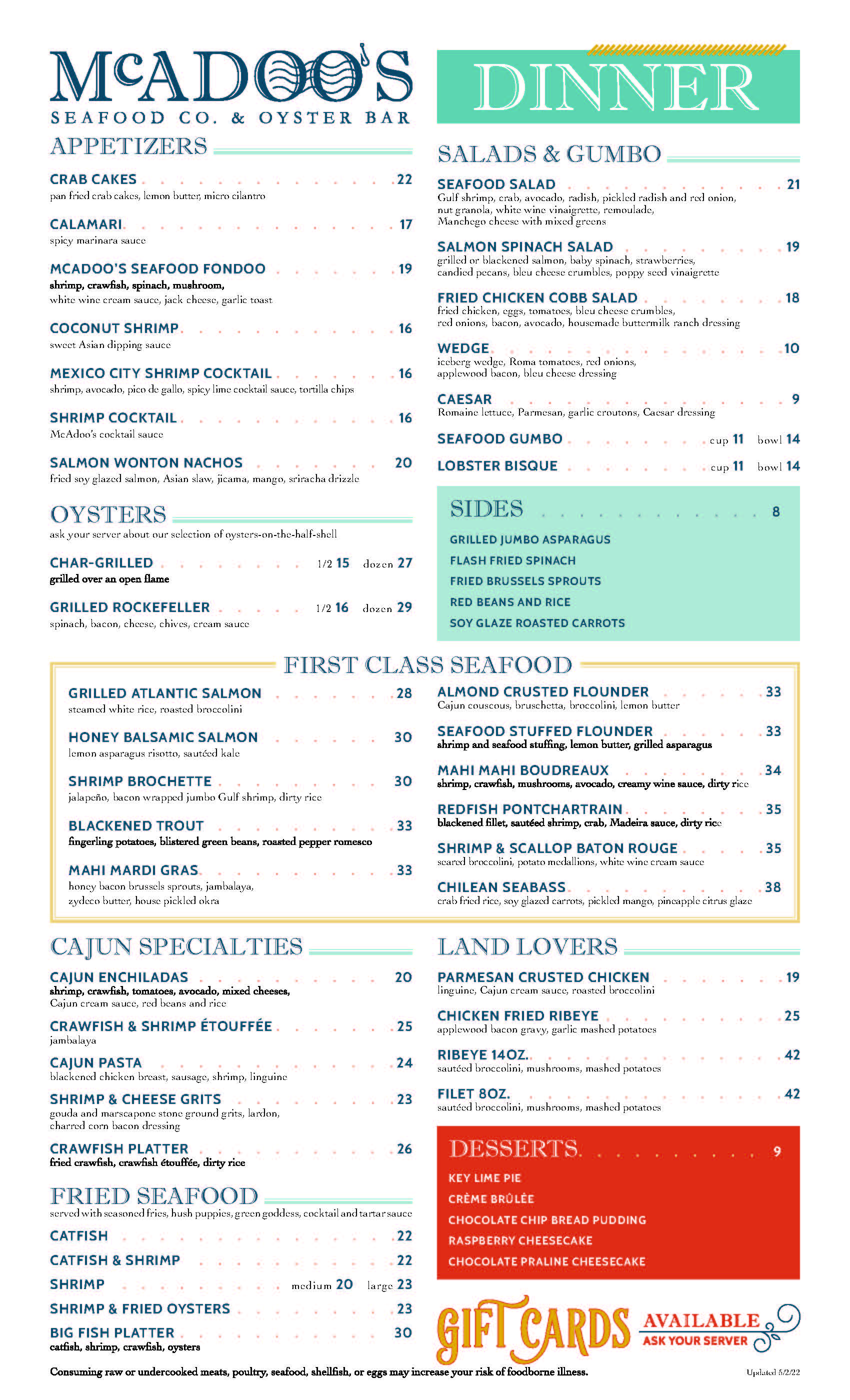 McAdoos DinnerMenu8.5x1407 May 2022 FINAL page 1 Page 2